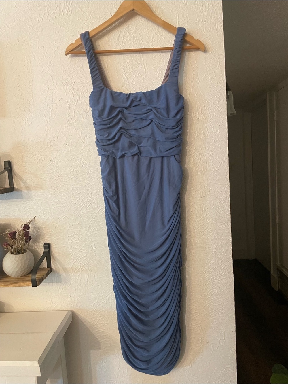 Nookie Blue Square Neckline Ruched Midi Dress
